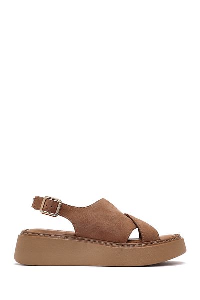 Derimod Women's Powder Ankle Buckle Thick Soled Suede Leather Comfort Sandals 25Sfd342310
