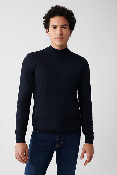 Avva Men's Dark Blue Half Turtleneck Wool Knitwear Sweater B 005015