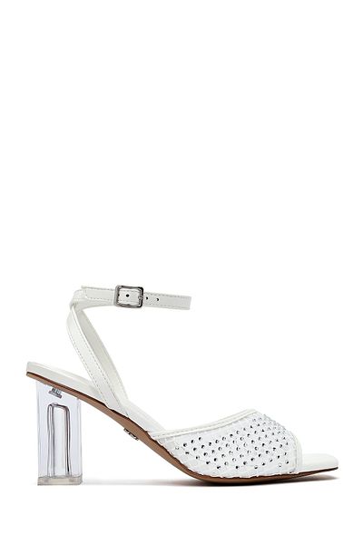 Derimod Women's White Ankle Buckle Stone Transparent Thick Heeled Sandals 25Sfe481714