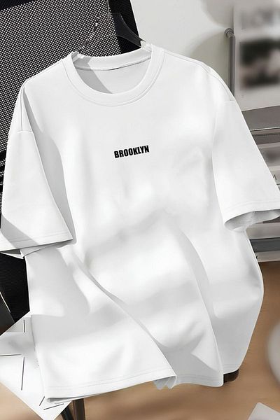 Trendseninle Unisex Ανδρικά/Γυναικεία Λευκό BROOKLYN Πολύχρωμη Προσαρμοσμένη Εκτύπωση Μπλουζάκι με μπλουζάκι από βαμβακερό λαιμόκοψη