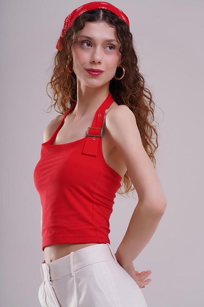 AFLOOW Women's Buckle Halter Neck Red Blouse