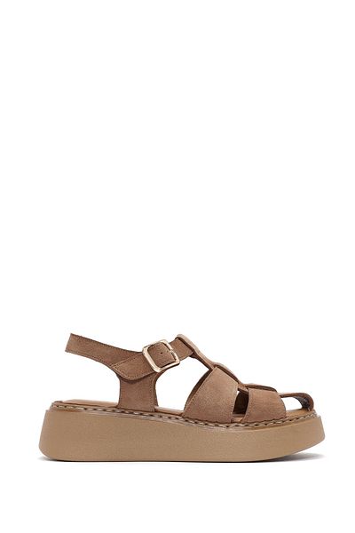 Derimod Women's Powder Ankle Buckle Thick Soled Suede Leather Comfort Sandals 25Sfd342610