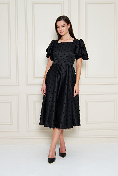 SEVGİHELLAÇ SHİNE KARE YAKA MİDİ BOY SATEN ABİYE