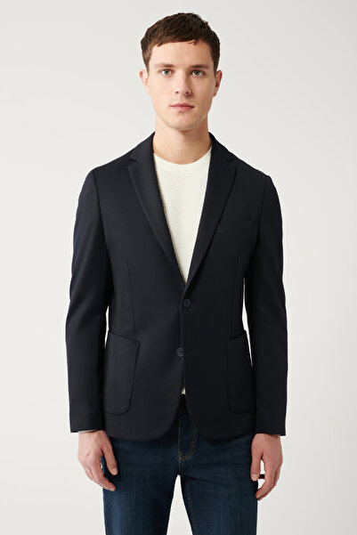 Avva Erkek Lacivert Mono Yaka Çift Yırtmaçlı Astarsız Örme Blazer Comfort Slim Fit Ceket B004001