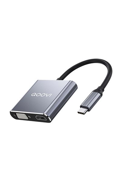 REDz Accessories 2 in 1 Hub Cable, HDMI + VGA, QOOVI, Type-C Plug, Data Transfer, Gray