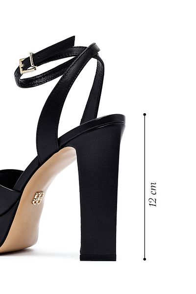 Derimod Women's Black Ankle Buckle Platform High Thick Heeled Leather Sandals 25Sfd120418