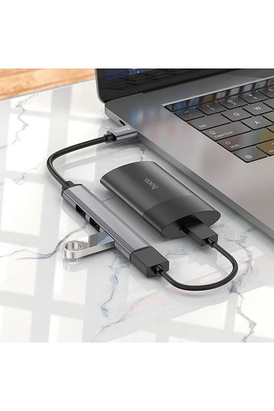 REDz Accessories 4-Port USB Hub Cable, Hoco HB26, Supports 1Tb, Metallic, Gray