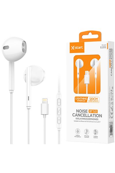 REDz Accessories Căști cu cablu Lightning 120 cm, X-Start EJ201, compatibile cu iPhone, albe