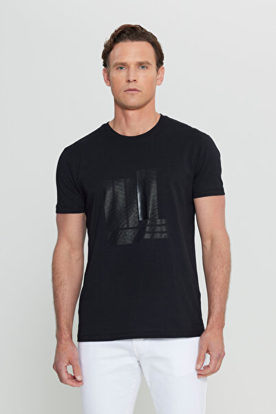 ALTINYILDIZ CLASSICS Ανδρική Μαύρη Βαμβακερή Slim Fit Στενή Κοπή Μπλούζα με Κυκλικό Λαιμό και Εκτύπωση Ελαστική T-Shirt