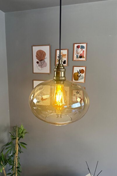 Bamyum Solvia Cam Bal Rengi Tekli Avize Lale Başlık Retro Sarkıt Lamba Salon Aydınlatma