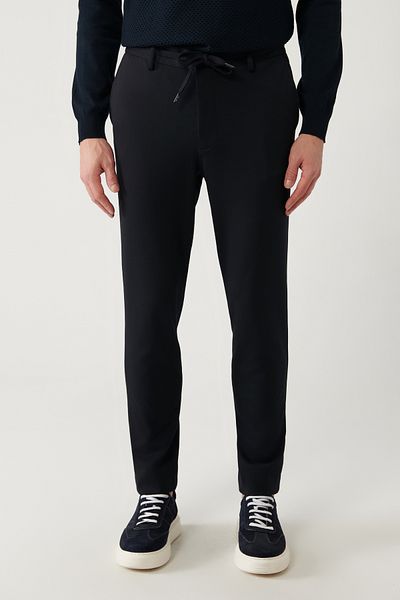 Avva Pantaloni de costum pentru bărbați, albastru bleumarin, buzunare laterale, talie elastică B 003201