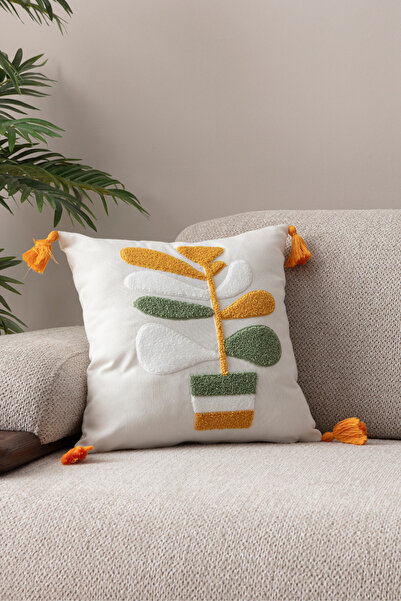 BUGİ HOME COLLECTİON Punch Throw Pillow Cover Embroidery Embroidered Flower Pot Pattern Throw Pillow Covers