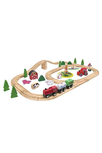 GLOBO Educational Wooden Play Set for Kids, Train on Track with Rails, 1 Wagon and 2 Magnetic Locomotives,