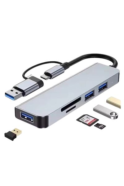 REDz Accessories 5-Port Hub Cable, USB + Card, Type-C Connector, Gray
