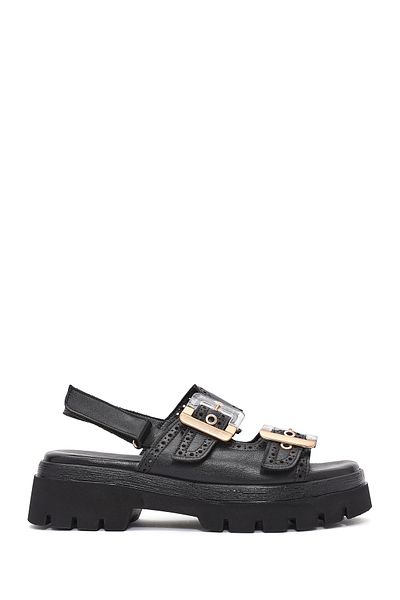 Derimod Women's Black Buckle Strap Thick Sole Leather Sandals 25Sfd202318