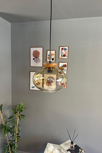 Bamyum Solvia Cam Bal Rengi Tekli Avize Tabak Ahşap Başlık Retro Sarkıt Lamba Salon Aydınlatma