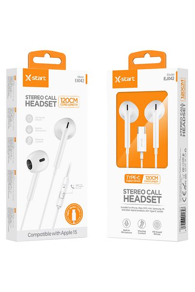 REDz Accessories Căști cu cablu Type-C 120cm, X-Start EJ042, compatibile cu iPhone 15/16 și Android, albe