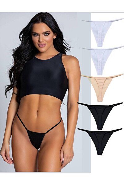 MOODMODA Mavi Çiçek Desenli Yirtmaçli Midi Boy Elbise altı ip lastikli string tanga 5 adet