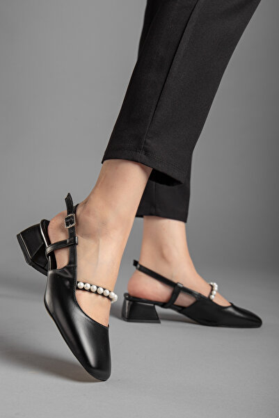 camaiore Kadın Siyah İncili Kısa Topuklu Ayakkabı