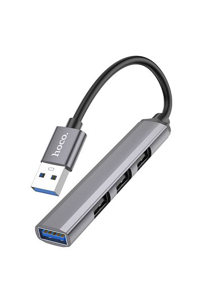 REDz Accessories 4-Port USB Hub Cable, Hoco HB26, Supports 1Tb, Metallic, Gray