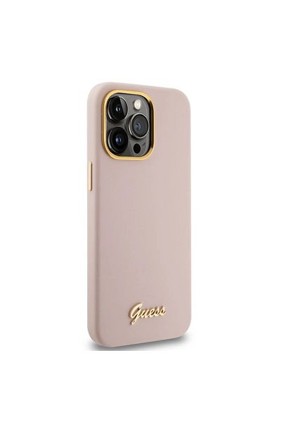 Guess Case for IPhone 15 Pro Silicone Script Metal Logo & Frame, Guess - Light Pink