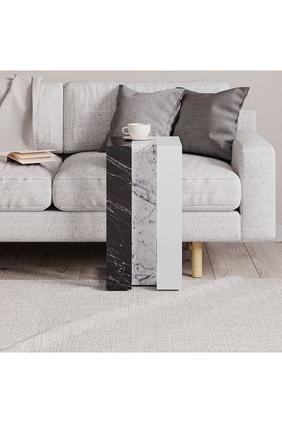 Mourah Home Mourah Home Muju Modern C Shape Table Black Marble, White Marble, White Multipurpose
