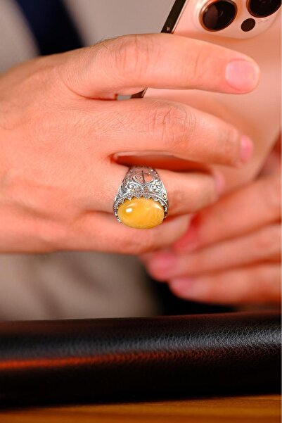 dergah tesbih Koleksiyonluk Usta El İşçiliği Damla Kehribar Taşlı Gümüş Yüzük