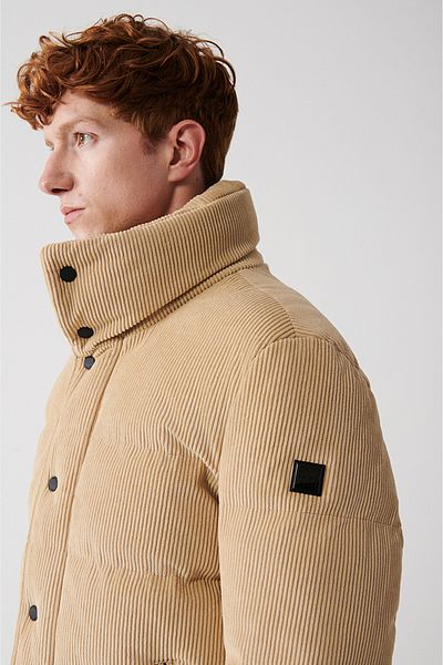 Avva Men's Beige Stand Collar Polyester Garnished Velvet Puffer Jacket A32Y6136
