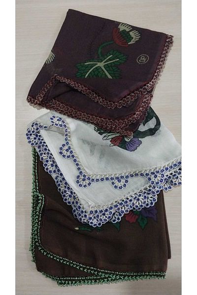 Papatyam Handcrafted 3 Pcs Bead Embroidered Writing/3.5 Edge Embroidered Beadwork/Vintage/Dowry Yemeni/80X80/Cotton