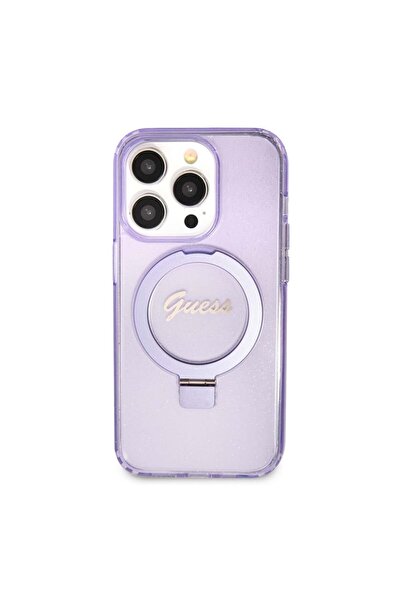 Guess Carcasă pentru iPhone 15 Pro cu suport inelar și sclipici - Violet