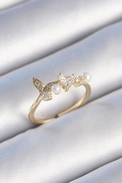 Skygo Brass Gold Color Zircon Stone Heart Leaf Model Pearl Detail Women's Ring - Tj-Byk3430