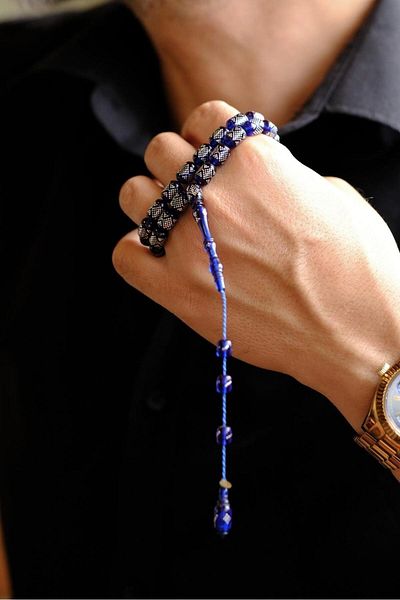 dergah tesbih Silver Çakım System Design Blue Fire Amber Rosary