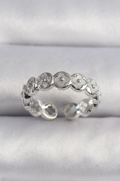 Skygo Brass Silver Color White Pearlescent Clover Model Women's Ring - Tj-Byk3497