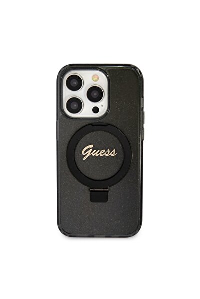 Guess Θήκη για iPhone 15 Pro με βάση δαχτυλιδιού Script Glitter, - Μαύρη
