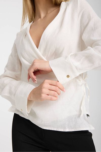 Moda Days White Shawl Front Cuffed Linen Blouse