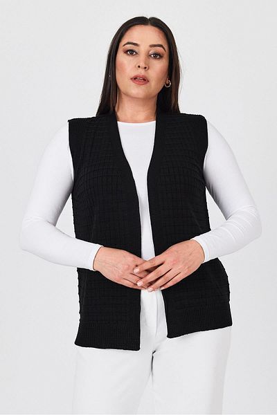 Uludağ Triko Women's Black Glittery Striped Seasonal Mother Summer Vest with Buttons and Pockets