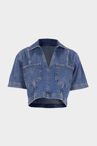 CROSS JEANS Light Blue Pocket Crop V-Neck Short Sleeve Jean Shirt C 4538-249
