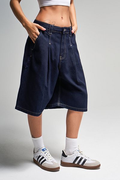 its basic Women's Indigo Color 7S5-50 Skater Fit Maxi Length Loose Cut 100% Cotton Denim Bermuda Shorts