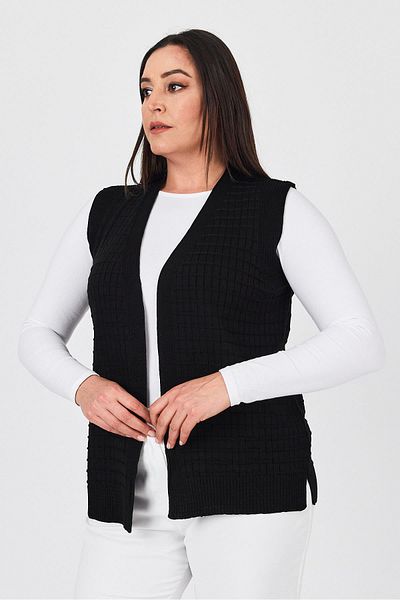 Uludağ Triko Women's Black Glittery Striped Seasonal Mother Summer Vest with Buttons and Pockets