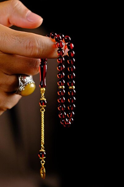 dergah tesbih Mini Bilek Boy Litvanya Damla Kehribar Gümüş Ayyıldız Tasarım (Amber), (مسبحة قطرة كهريبار)