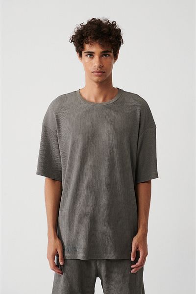 Avva Anthrazitfarbenes Jacquard-T-Shirt mit Rundhalsausschnitt für Herren A31y1091