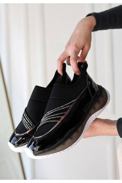 EG DÜKKAN Pantofi sport Keita din piele lacuita neagra cu detaliu elastic