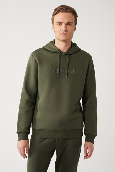 Avva Erkek Haki Kapüşonlu 3 İplik Şardonlu Baskılı Sweatshirt A32Y1240