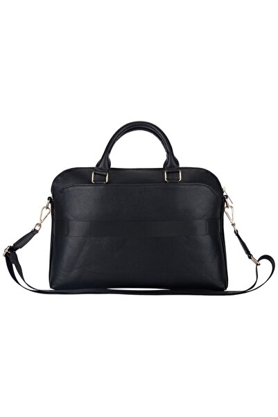 Guess Geantă pentru laptop de 15 inch, logo triunghi granulat, piele, curea reglabilă, Guess, neagră