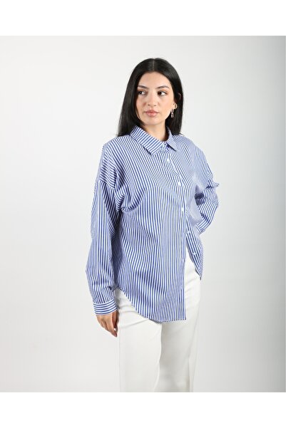 deqfashion Kadın Koyu Mavi Çizgili Oversize Pamuklu Gömlek