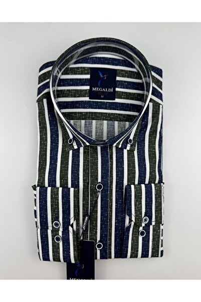 MEGALDİ Erkek Slim Fit Kesim Yeşil Lacivert Çizgili Uzun Kollu Gömlek