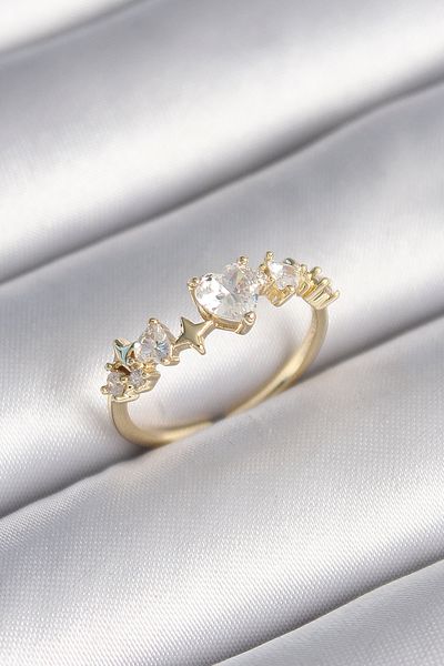 Skygo Brass Gold Color Zircon Stone Heart Model Star Detail Women's Ring - Tj-Byk3428