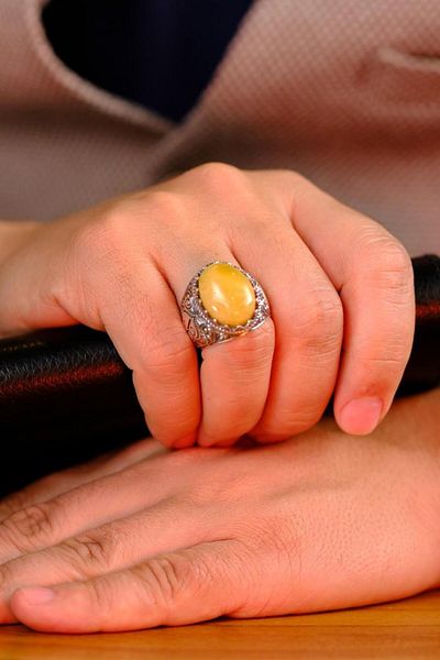 dergah tesbih Collectible Master Handcrafted Drop Amber Stone Silver Ring