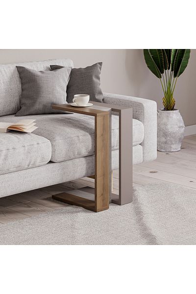 Mourah Home Mourah Home Muju C Shape Table Oak Gold Marble Mocha Grey Multipurpose