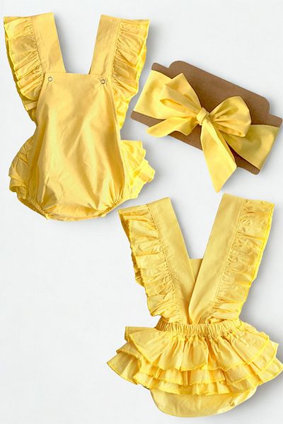 Parla Kids Baby Girl Yellow Cotton Salopet Bandana Set
